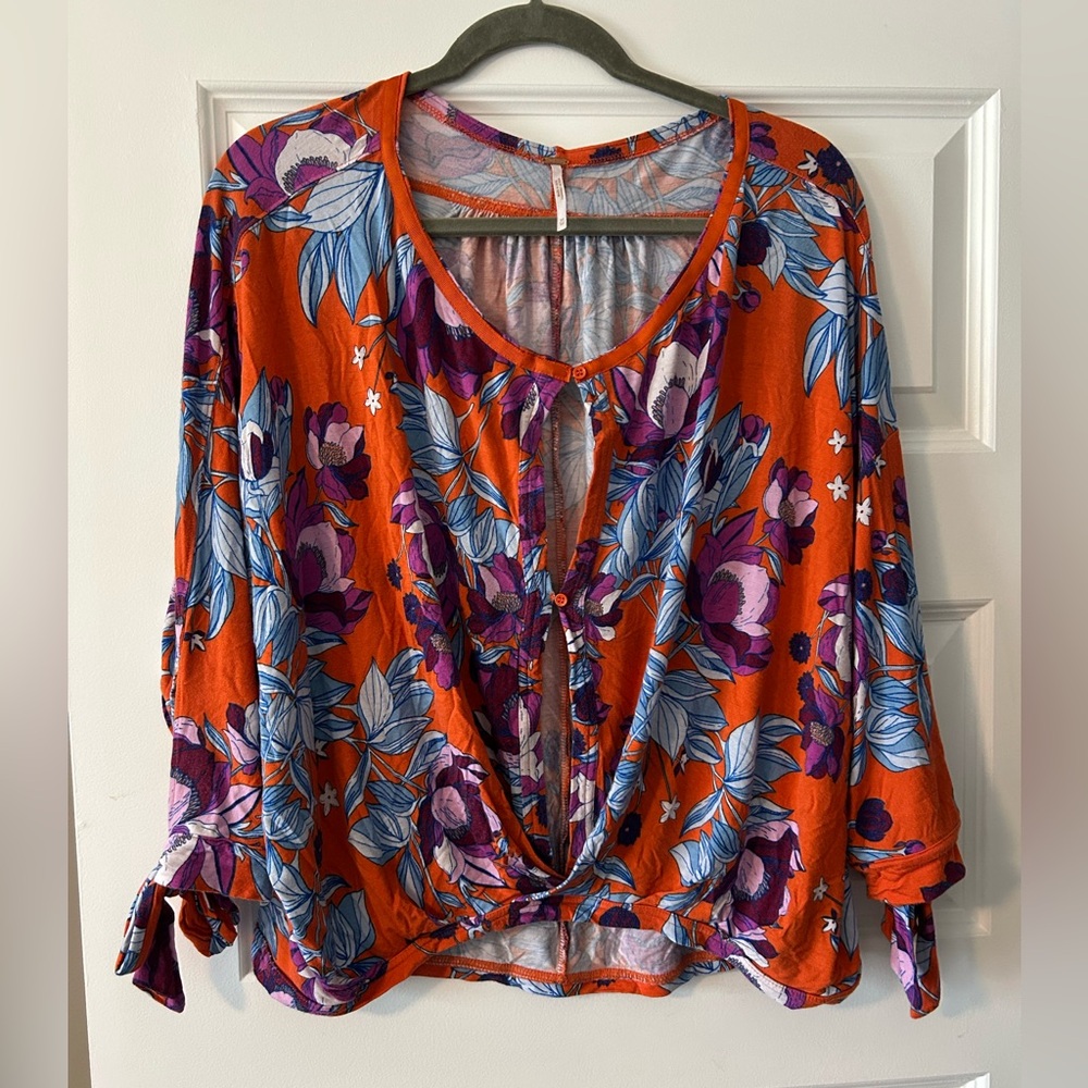 Free People Orange and Blue Tie Front Blouse